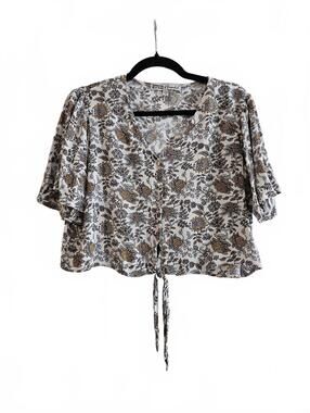 Gypsies & Moondust Floral Print Short-Sleeve Button-Front Camp Shirt w/Tie Front